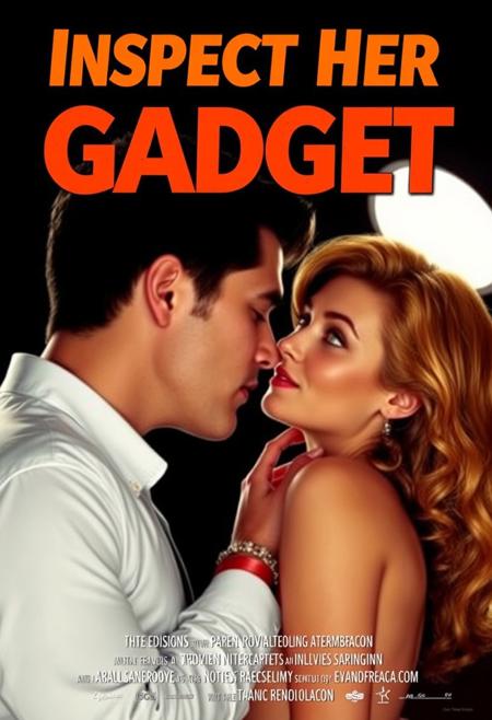 A movie poster for the erotic movie "Inspect Her Gadget" with notes and credits.