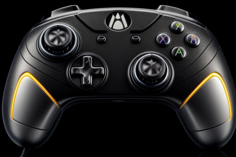 masterpiece, best quality, 8K, HDR, absurdres, intricate details, ciTron Legacy, photo of futuristic controller, neon details, controller, blurry background