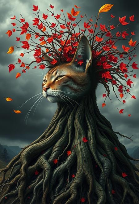 A vivid full-color surreal portrait, where the cat woman’s shoulders sink into tangled, dark roots, their surfaces layered with peeling, deep-green bark that crumbles at the edges. Her neck is a sturdy but weathered tree trunk, split in places where fresh golden sap oozes from deep cracks.
Her face is serene, eyes closed, but from her scalp, a tangled mass of autumn-red branches rise into the air, covered in vibrant, crimson leaves. The wind pulls at her canopy, making her leaves scatter into the sky, their colors bright against the deep gray storm clouds rolling in the background.
The world around her is in transition—the last remnants of autumn clinging to the edges of the landscape as winter slowly encroaches. The wind shifts again, carrying one final golden leaf upward, twirling against the backdrop of her dissolving branches.