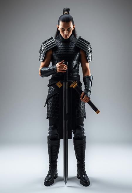 full shot, Symmetrical front view of Sevdaliza, beautiful, erotic pose, scale armour, He carries two katanas crossed on his back held by straps, fashion tall boots,  masterful photography studio