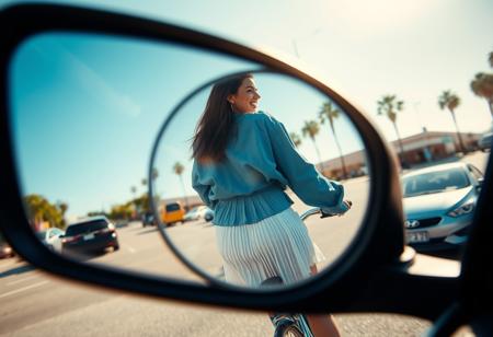 wide angle photograph of a car wing mirror with the reflection of A smiling woman dressed in a blue oversized shirt and a white pleated skirt, seen from behind and slightly turning her head back, riding a bicycle. The scene is set on a sunny day with clear blue skies, showcasing an urban street environment with cars and palm trees in the background. The image exhibits a light flare and is partially framed through a circular object, adding a unique visual effect to the composition. The overall mood is carefree and joyful, capturing a casual and stylish moment.