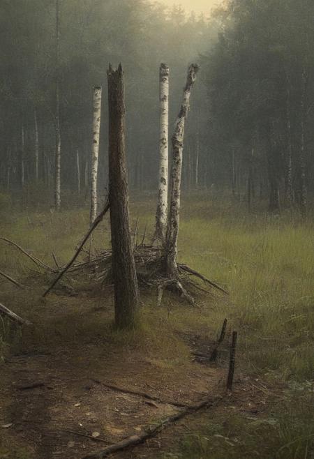 Caspar David Friedrich (romanticism), Pine barrens with charred tree skeletons, birch bark peeling scrolls, napoleonic-era signal tower,corncrake in tall grass.,Art painting by Makoto Shinkai and Fiona Staples and Tran Nguyen, featured on Caravaggio,,
artstation trending, macro lens, volumetric light,
<lora:Illustration_Insanity:0.3>,
<lora:dreamshaperXL10_lora:0.7>,
<lora:extremely_detailed:0.3> extremely detailed,
<lora:DetailMaximizer:0.3>,, Surrealism art style, dreamlike and irrational imagery, explores the unconscious mind, juxtaposition of unlikely elements, challenges reality and logic