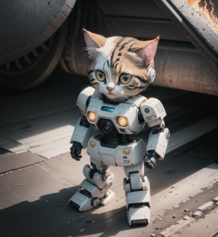 a small robot cat, solo, standing, huge active volcano, volcano eruption, lava, ash, (mechanical parts, cyborg, android), (masterpiece:1,2), best quality, masterpiece, highres, original, extremely detailed wallpaper, perfect lighting,(extremely detailed CG:1.2), <lora:buding:0.4> <lora:JM:0.4>