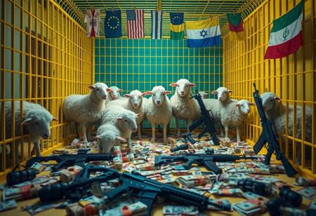 Inside a large, bright yellow cage, a mix of anthropomorphic sheep and humans interact, showcasing a blend of both species’ features in a surreal tableau. The scene is illuminated with creepy lighting that casts unsettling shadows, enhancing the eerie atmosphere. A pastel color palette softens the overall look while adding an unsettling quality. Scattered across the floor are euros and dollars, lying chaotically alongside hand grenades and M16 rifles. Above the cage, European Union, USA, Ukrainian, Israeli, and Iranian flags wave gently. The image captures a rich depth of field, emphasizing the contrast between the lively figures and the ominous presence of weapons and money.