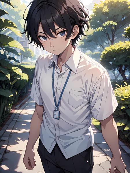 1boy, male, solo, age13, black hair, black eyes, detailed eyes, wearing white shirt untucked (short sleeves), wearing blue lanyard, wearing black slux pants, anime, high quality
