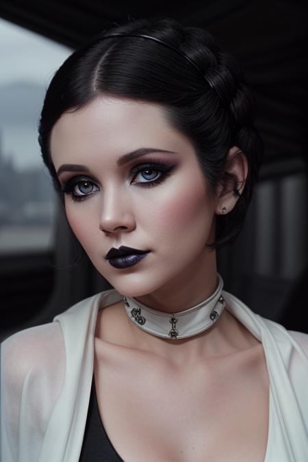 princessleia double bun hairstyle sidebuns crown braid long single braid purple loincloth brass bikini brass choker metal hairbands wrist bracers