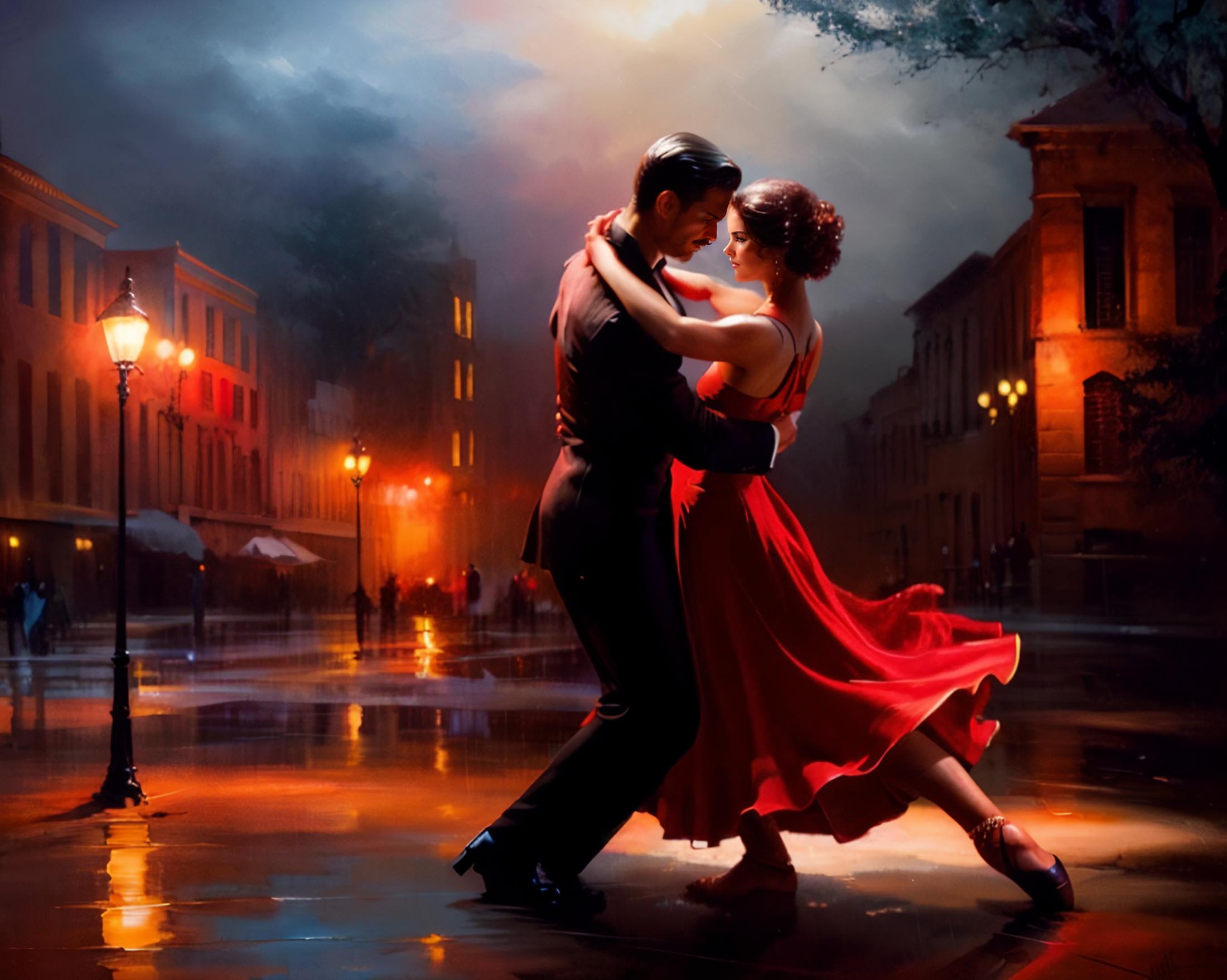 A couple dancing in the rain with a red dress.