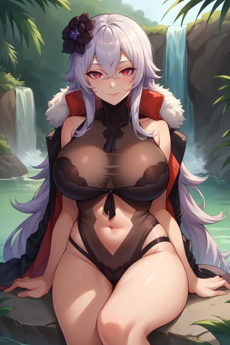 azlngrfzpln, large breasts, white hair, very long hair peaked cap, military uniform, white cape, fur trim, jacket, long sleeves, cleavage, white bra, brown gloves, white pleated skirt, black pantyhose, high heels hair flower, black flower, fur trim, black jacket, jacket on shoulders, black one-piece swimsuit, see-through, navel cutout