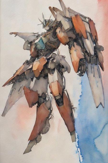 (watercolor art:1.5), 2d artwork, line art, cenptual art, a flying mecha robot, cybernetics, stainless steel finishes and rusted steel, <lora:Llebbeuswoods
:1.5>, (action, motion pose),