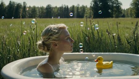 from side,profile,cinematic film still,(bathtub),blonde woman,partially submerged,(meadow:1.5),(soap bubbles:1.2),(soap_foam:1.2),rubber_duck,milkweed,dappled sunlight