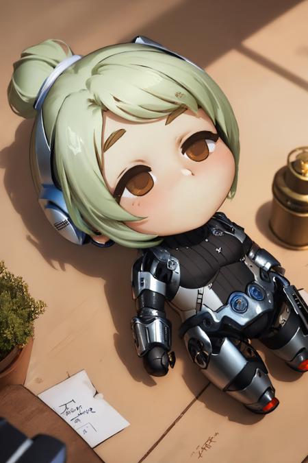 (masterpiece, best quality:1.2), QiqiFallen, chibi, on back, solo, 1girl, unit024, android, single hair bun, armor <lora:persona4u_unit024-15:0.8> <lora:QiqiFallen:1>