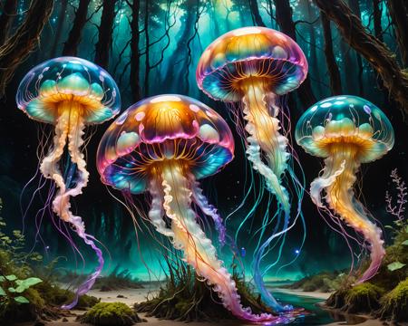 holographic translucent biolumiscent jellyfish on  forest ground,alcohol ink and fluid thick oil,hyperrealistic,perfect mixed styles with amazing depth,iridescent complementary colors,dramatic flickering back light,surreal hypercreative masterwork by head of prompt engineering  <lora:hyperkraximalism:0.3> <lora:SDXLFaeTastic2400:0.5>