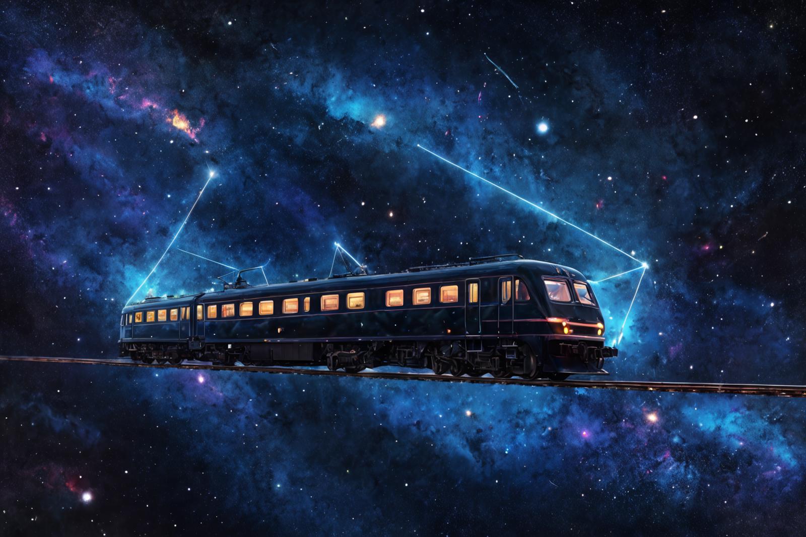A Black Train Riding on Tracks Through the Stars