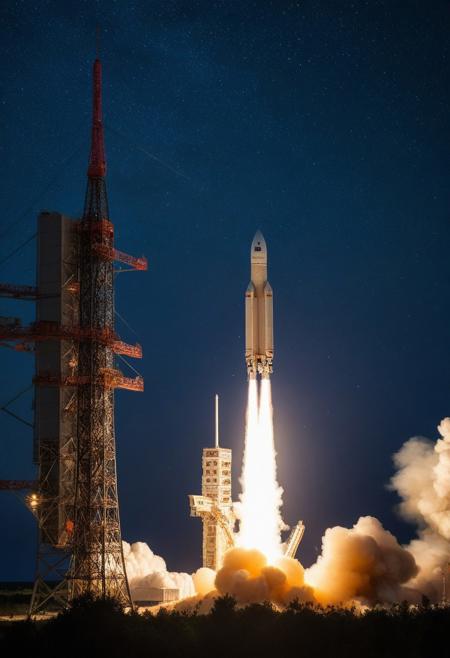European Ariane rocket during takeoff, starry night sky background