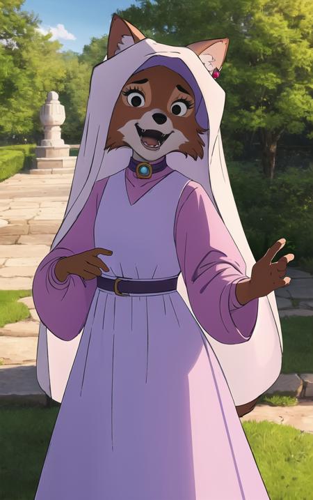 CARTOON_MaidMarian_ownwaifu,
1girl, furry, furry female, animal ears, black eyes, body fur, snout, two-tone fur, orange fur, animal nose, fangs,  tail,
dress, long sleeves, purple dress, veil, choker, jewelry, brooch, hood up, long dress, belt, gem, puffy sleeves,
<lora:CARTOON_MaidMarian_ownwaifu:0.8>
((masterpiece)),((best quality)),(highres, absurdres), original, official_art, looking at viewer, solo, focused, outdoors, day, cowboy shot,