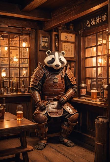fantasy anthropomorphic a (japanese-badger) (warrior: 1.19) (brown-leather armor) in dark japanese-tavern holding a pint of ale in a cozy environment with gas lamps oriental japanese-woodworking warm brick fireplace and (paper windows) (japanese-style-architecture)