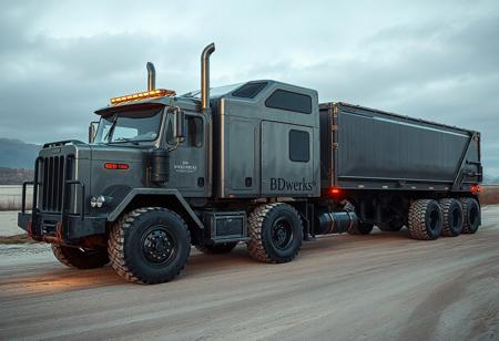 1 vehicle, 
cyberpunk semi-truck with industrial trailer.. large wheels. Large cabin with big windows. Offroad ready
Logo label "BDwerks®" written on the side 
View from above.