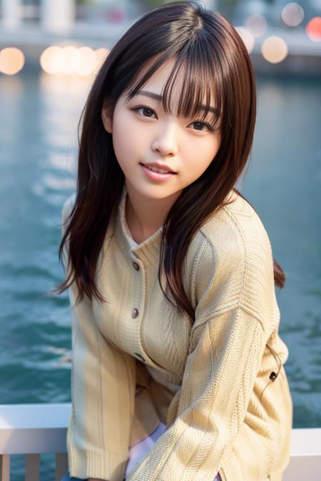 japanese, (nishino), (skin blemish:1), (skindentation), black eye, 1woman, 28yo, (((woman))), solo, realistic,  best quality, photorealistic, masterpiece, 8k, high res, solo, extremely detailed face,  (professional lighting, bokeh), (light particles, lens flare, glowing particles:0.6), (dynamic pose:1.2), soft lighting, top angle view, fashionable and trendy atmosphere, japan, harbour, city, skytree, ((daytime)), ((looking at the viewer)), (looking at the camera),(portrait:0.6),  gorgeous, walking, keep original facial proportion, wide shoulder, full body,  (small breast),  (medium hair), brown hair, floating hair, lips, lipstick,  seductive smile, floating hair, smile, teeth, (sweater), (jacket), (skirt), mole, mole_under_eye,  small head, nose, open mouth, <lora:NishinoN:0.85>