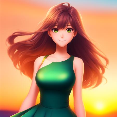 Anime, Pretty Woman in Green Dress, Sunset Horizon, looks towards the camera and smiling, studio Ghibli, anime key art by Greg Rutkowski, Bloom, dramatic lighting, bloom, medium shot, mid-shot, highly detailed, trending on Artstation, 4k, cinematic wallpaper by Stanley Artgerm Lau, WLOP (to8highkey:1) <lora:to8sHighKeyLORASD21_sd21768:0.6>  <lora:johnsondesuv2-320-e1:0.6>