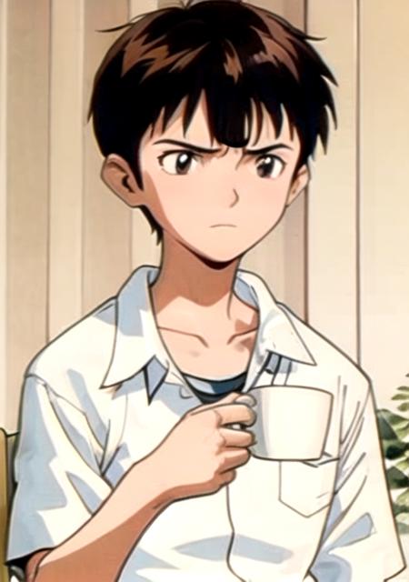 <lyco:shinji-08:0.7> shinji, solo, brown hair, shirt, 1boy, sitting, closed mouth, school uniform, collarbone, white shirt, upper body, short sleeves, male focus, collared shirt, indoors, black eyes, frown, chair, plant, pocket, retro artstyle, breast pocket