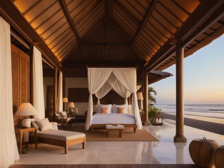 <lora:JJsBaliStyle_XL:1>,   ((Bali style)),  ((best quality)),((masterpiece)),((realistic)),  ,indoors,no humans,window,sunlight,plant,scenery, bed, potted plant, reflection, wooden column, wooden roof, curtain, sea, beach, sand, bench, golden hour, lamp,