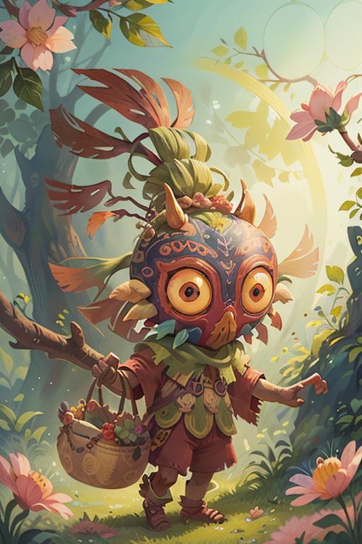A colorful character holding a basket of fruit in a forest scene.