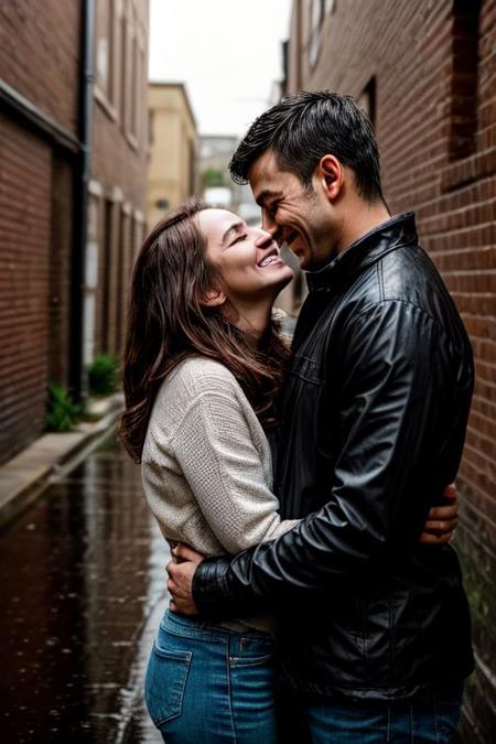 A passionate embrace between two lovers in a rain-soaked alley.