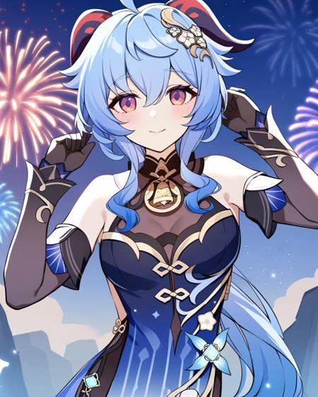 <lora:sganyu_new_xl:1>ï¼ganyu \(genshin impact\), 1girl, solo, fireworks, vision \(genshin impact\), night sky, smile, black gloves, neck bell, dress, bare shoulders, alternate costume, detached sleeves, outdoors, elbow gloves, hair flower, cowbell