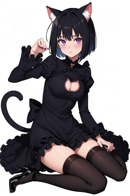 1girl, solo, breasts, looking at viewer, blush, short hair, bangs, simple background, black hair, thighhighs, long sleeves, white background, dress, animal ears, cleavage, medium breasts, purple eyes, tail, full body, frills, puffy sleeves, black thighhighs, cat ears, nail polish, black footwear, black dress, high heels, zettai ryouiki, cat tail, fake animal ears, cleavage cutout, bob cut, frilled dress, juliet sleeves, paw pose <lora:Kyockcho-000005:0.4>