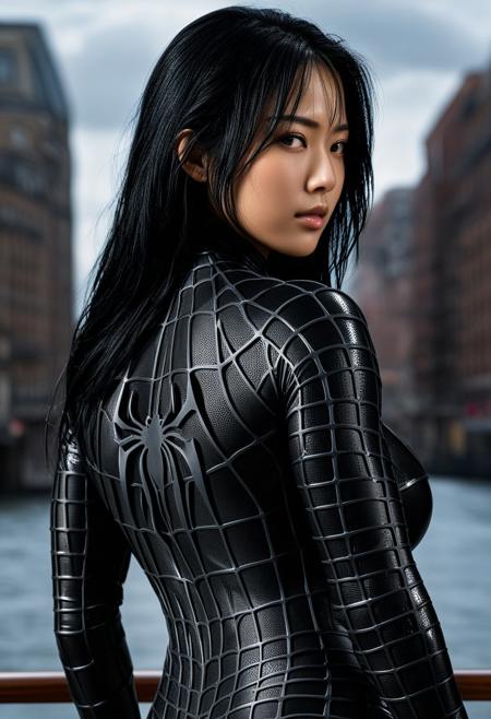 score_9, score_8_up, score_7_up, best quality, realistic, masterpiece, beautiful detail, hyperrealistic, cafe, ((1girl, woman body, huge breasts)), amazing detailed full body portrait of a beautiful japanese girl, wearing a realistic and highly detailed black raimi spider-man suit, ((huge muscular girl)), professional model wears ultra - detailed black raimi spider - man suit, ultra - detailed and grained black raimi spiderman suit, suit covered entire body and hand, black spiderman gloves, wet, (black hair), (from behind), close up, octane render, highly detailed, volumetric, dramatic lighting, (highest quality:1.1), (HDR:1.3), (top quality, best quality), realistic, high definition, Expressionism - sharp focus, professional photography, masterpiece, ultra detailed photograph, high quality, 8k,