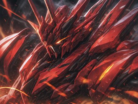 best aesthetic, lolsplashart,nijimecha,solo,looking at viewer,glowing,v-fin,glowing eyes,portrait,close-up,upper body,embers,super robot,glowing eye,horns,head tilt,from above,smoke,red theme,symmetrical compositions