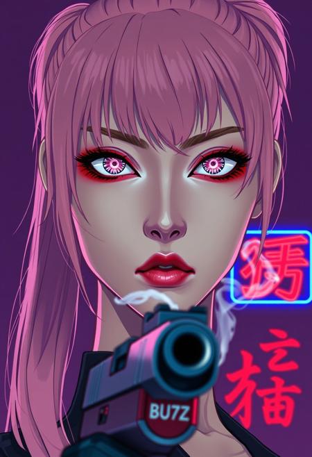 Close-up movie poster of a tall, slender Japanese cyberpunk assassin, in a semi-realistic style with subtle Patrick Nagel-inspired stylization. Her face fills the horizontal frame, staring coldly at the viewer. She has long blush pink hair in a high ponytail with side-swept bangs and loose strands framing her face.
Her cybernetic eyes are highly realistic with glowing faint pink irises, intricate circuit patterns visible in the iris, styled like high-end anime eyes but with real-world texture. She wears bold red Asian-style eyeshadow, stylized with clean, sharp application reminiscent of Nagel’s graphic look.
At the bottom edge of the frame, a silver pistol barrel is visible, slightly blurred, pointed toward the viewer. A thin plume of smoke curls upward, softly cutting across her face. Lighting is dramatic — realistic but with high contrast and graphic shadows along her jawline, cheekbones, and collarbone.
The background is minimalist: flat muted violet or black with a blue neon “BUZZ” sign and red Japanese characters subtly blurred in the distance.
Title overlay:
“BUZZ KILLER” — in bold 1980s-style neon lettering (hot pink or electric blue)
Subtitle: “The Sakura Killer” — in thin red Japanese-style type beneath.”
⸻
Style Notes:
	•	Blend: 70% cinematic realism, 30% Nagel flat styling (hair, makeup, shadows, composition)
	•	Mood: Neon-noir, sleek, cold elegance
	•	Model Type: Realistic or semi-stylized (e.g., cinematic anime fusion)