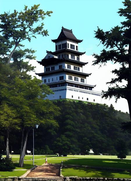 masterpiece, vagabond_style,  <lora:vagabond-30:1>, japanese castle, town, cedar trees,