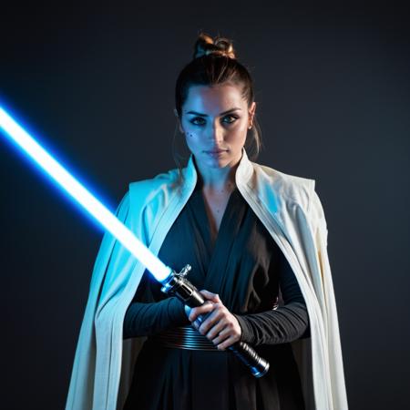 Super high portrait photo of a woman dressed as a female Jedi with lightsaber,f /2.8, Canon, 85mm,cinematic, high quality, skin texture, looking at the camera,    <lora:anarmas2_xl4_standard-merger_36_55_70_92_025_025_025_025:1>