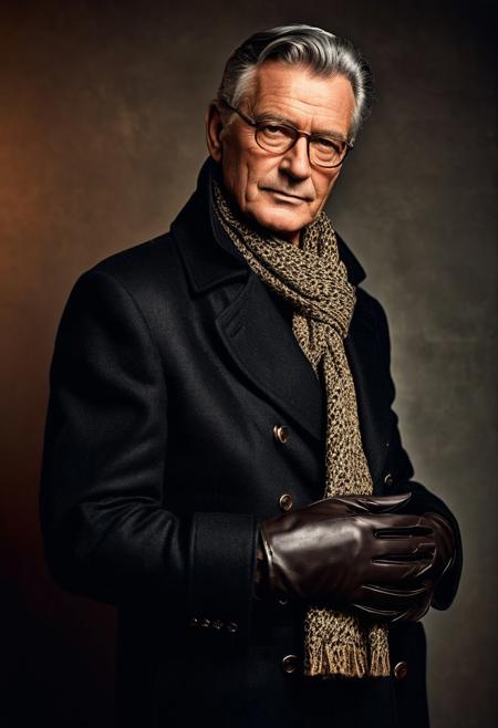 Studio portrait of a Studio portrait Male legendary German leader, older (50s), charismatic and established, visionary leader, intense focus with quiet strength, strategic thinker, deep brown eyes with a warm glow, olive skin with fine lines, sleek black hair with a silky sheen, striking features, leaning against a wall, casual and cool, captured with Arca-Swiss 20x24 Ultra Rodenstock Apo-Sironar-S 150mm f5.6, large-format surgical detail on Kodak Ektachrome E100, vibrant and crisp with razor-sharp detail, with heavy grain for a gritty texture, Atelier: handcrafted quality, unique texture. Stil: Helmut Newton: provocative, glamorous. wearing dark overcoat with scarf and leather gloves, in 1950s rockabilly, retro and lively, golden hour light with a warm glow. Ausdruck: eyes blazing with unspoken fury. Gesamteffekt: commanding respect, impressive presence, capturing authority