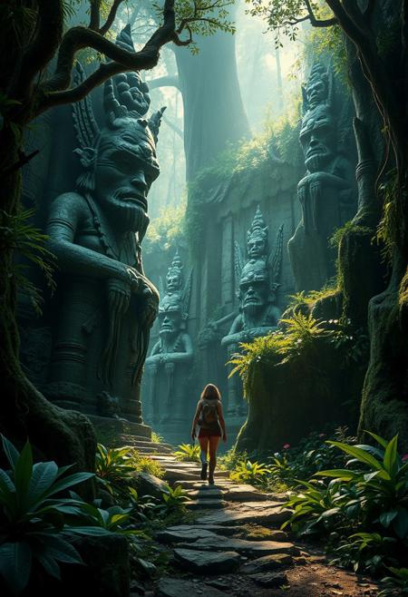 Fantasy-style image depicting a Lara Croft type character wandering through a mystical forest scene with a large, overgrown temple integrated into the landscape. The layout features towering, intricately carved alien gods made of stone, weathered and cracked, covered in moss and vines, being absorbed into the landscape with dense foliage surrounding them. Sunlight filters through the thick canopy above, casting a soft, ethereal glow on the scene. The forest is rich with greenery, including various plants and trees, creating a sense of ancient, untouched nature. The overall atmosphere is serene and magical, evoking a sense of wonder and mystery.