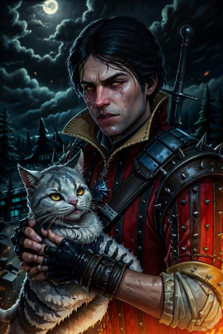 (masterpiece, top quality, best quality, official art, detailed:1.2),  <lora:eskel:0.7>, eskelW3_soul3142, yellow eyes, black hair, gloves, 1boy, weapon, male focus, sword, fingerless gloves, armor, blood, night, animal, scar, cat, spikes, colored sclera, weapon on back