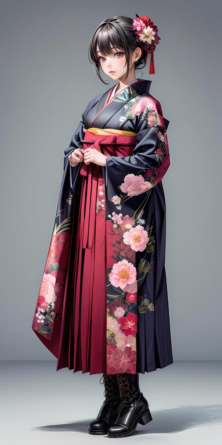  furisode, jyojifuku, hakama, floral print, hair ornament boots