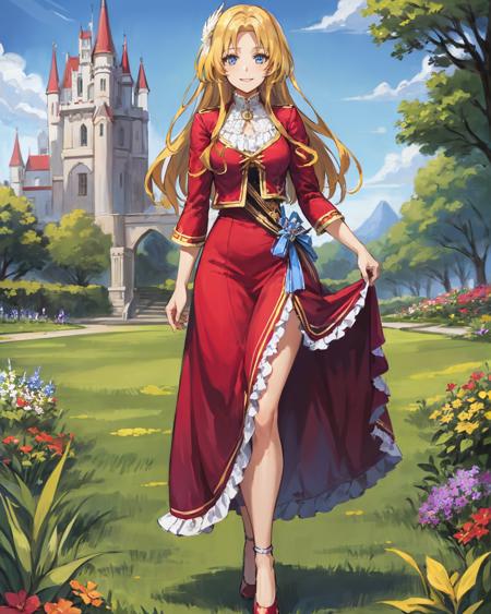 best quality, (masterpiece:1.2), illustration, absurdres,
(1girl, solo), (beautiful detailed girl), full body shot,
<lora:Alfin-07:0.8>,  Alfin Reise Arnor, blonde hair, blue eyes, small breasts, hair ornament, wing ornament,
red dress, high heels, frills,
palace, garden, castle, sky, beautiful, intricate, detailed,
smile, happy,