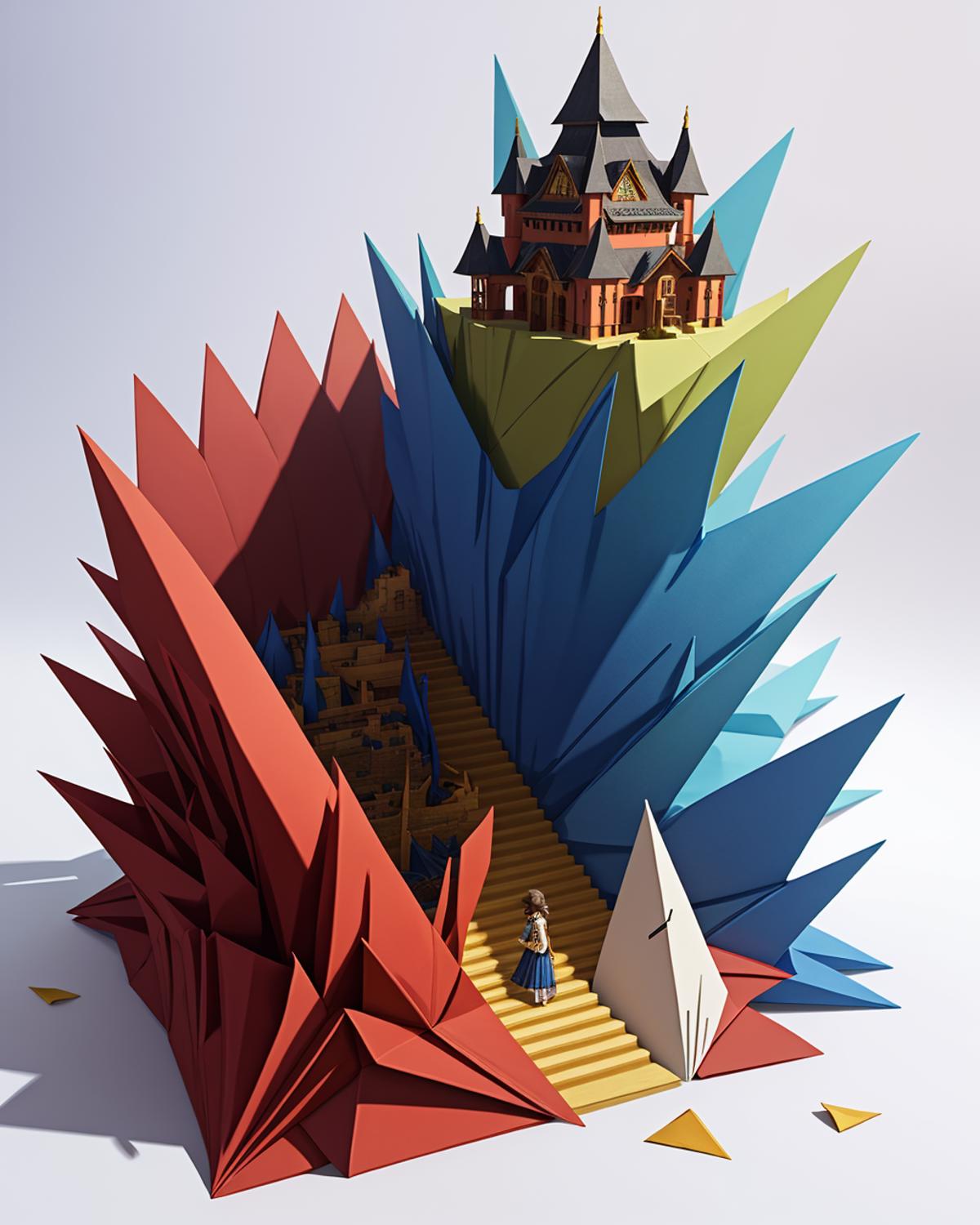 A paper castle with a woman walking down a staircase.