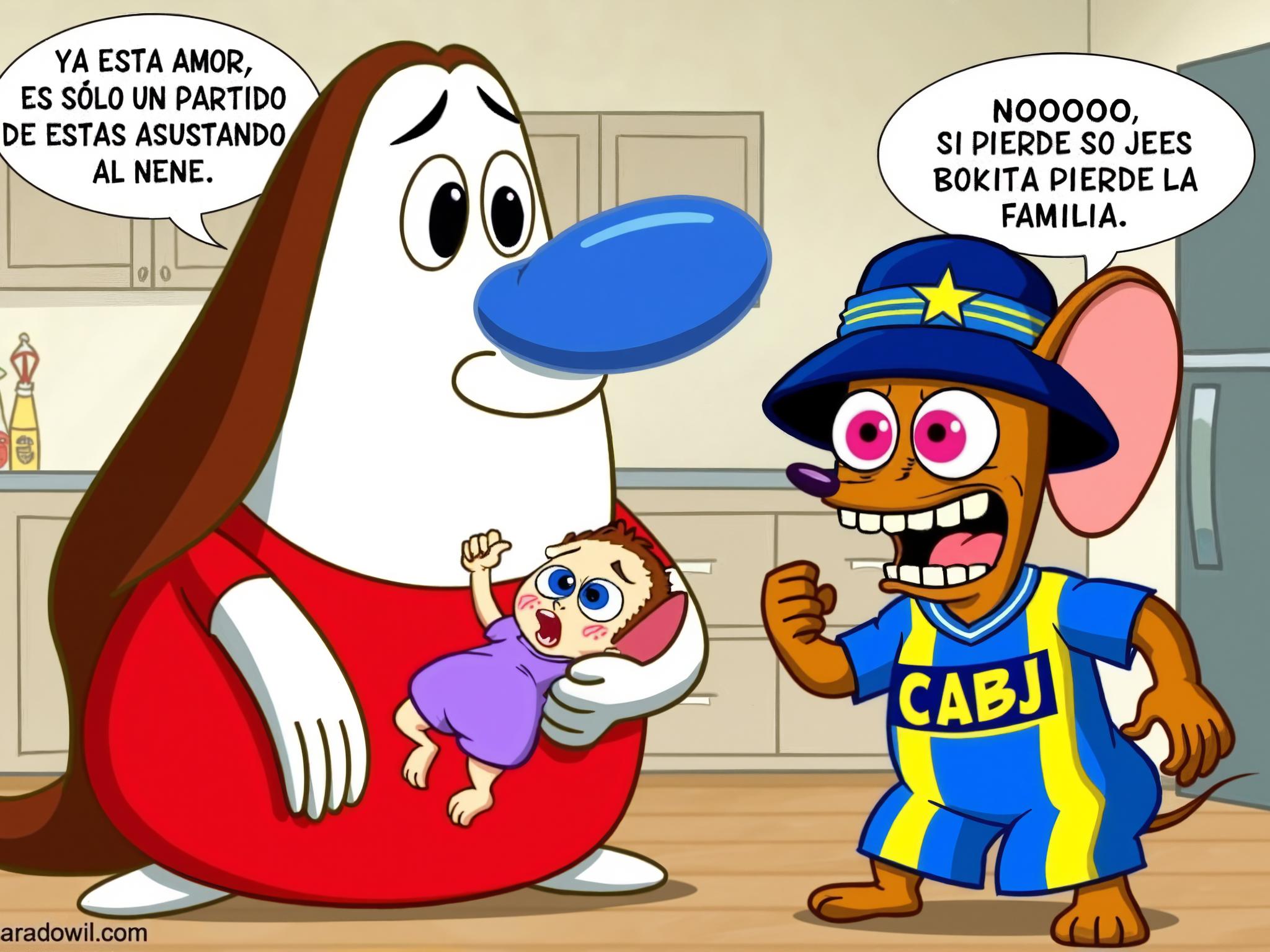 This image is a digitally drawn cartoon scene featuring two anthropomorphic characters, each with exaggerated, expressive features. On the left, a character, resembling a large, round, blue-nosed creature with a white face, is depicted holding a small baby. The baby has a blue nose, white face, and large, expressive eyes, suggesting a distressed or crying expression. The baby is dressed in a purple onesie. The cartoon character's arms and hands are large and white, with long, red, rubbery-looking fingers. The creature's head is disproportionately large compared to its body, which is red and round and have human long brown hair. On the right, a character, a brown anthropomorphic mouse, is depicted in a dynamic pose with one paw raised in a fist and the other bent at the elbow. The mouse has large, exaggerated eyes pink with angry and a wide, toothy grin. It is wearing a blue and yellow striped jersey with the initials "CABJ" on the front, which is likely a reference to a soccer team. The jersey also features a blue shield with a white star pattern on the chest. The mouse is wearing a blue bucket hat with a yellow band and the same "CABJ" logo. The background is a simple, light-colored room with wooden flooring in a domestic kitchen. Text in Spanish is present in the image, with one speech bubble from the left character reading, "YA ESTA AMOR, ES SOLO UN PARTIDO DE FUTBOL, ESTAS ASUSTANDO AL NENE", and the other speech bubble from the right character reading, "NOOOO, SI PIERDE BOKITA PIERDE LA FAMILIA"<lora:flux\estilos\Flux.renandstimpySTYLE.safetensors:1.0:1.0>