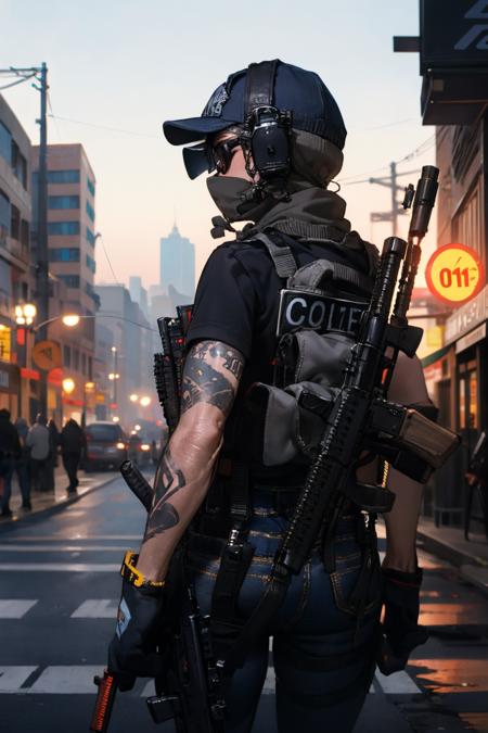 ruanyi0298,mouth mask,sunglasses,hat,holding weapon,m4 carbine,ar-15,arm tattoo,headset,police uniform,