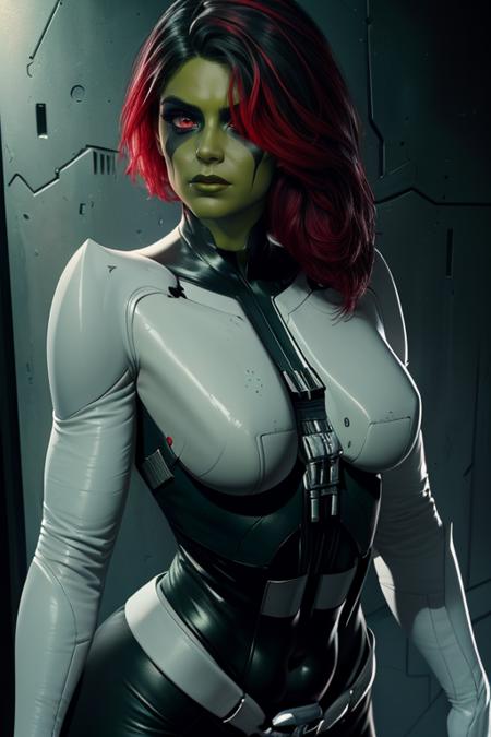 Gamora,green skin , multicolored hair,red eyes,hair over one eye, makeup, crossed arms, serious,  
GaSuit,
alien planet, 
(insanely detailed, beautiful detailed face,beautiful detailed eyes, masterpiece, best quality)
 <lora:Gamora:0.7>