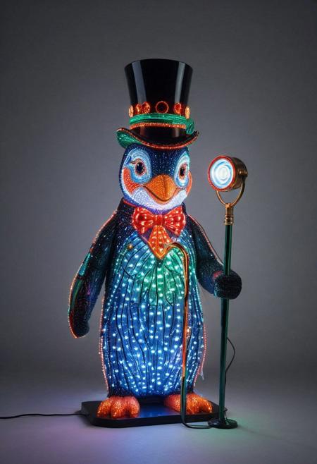 embedding:lazmpos, LED, colorful LED lights, RGB lights, red green and blue penguin, art deco, top hat, cane, monocle,RetroBG