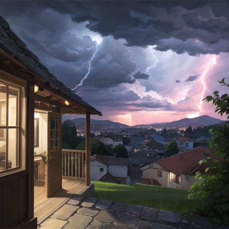 Photographs, realistic landscapes, villages, lightning, dark clouds, hillsides, storms