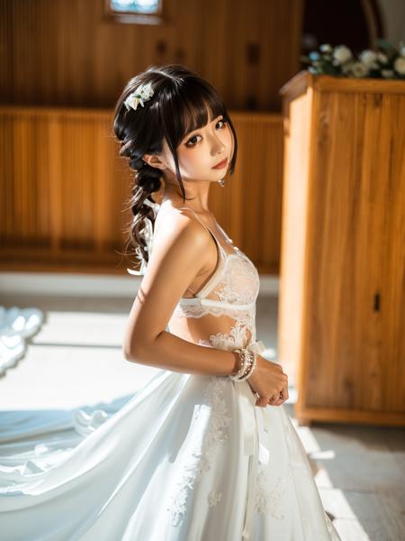 <lora:chunmmfullbody_v1:0.8>, (white wedding gown:1.3), (wedding dress:1.4), (long dress:1.3), (white garter belt:1.2), chunmomo, 1girl, solo, realistic, looking at viewer, blurry, black eyes, black hair, bangs, long hair, day, church, blunt bangs, hair ornament, soft light, 8K, ultra high resolution, ultra-detailed, photorealistic, an extremely delicate and beautiful,