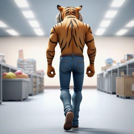 pov from behind, a tiger walking into a supermarket from the parking lot, dressed in casual attire with jeans and a white shirt. inspired by Chris LaBrooy, deviantart, portrait of bojack horseman, 3 d icon for mobile game, journalist photo, 4 k hd wallpaper illustration