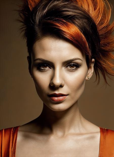 portrait of sks woman by Flora Borsi, style by Flora Borsi, bold, bright colours, orange Mohawk haircut, ((Flora Borsi)), <lora:locon_victoriajustice_v1_from_v1_64_32:1>