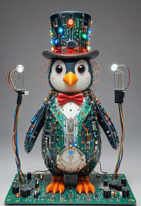 embedding:lazmpos, Transistors, pcb_style, LED, colorful LED lights, RGB lights, red green and blue penguin, art deco, top hat, cane, monocle,RetroBG