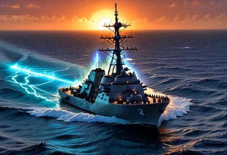 In the vast expanse of the Atlantic Ocean, the USS Liberty, a mighty warship with a steel-gray hull and a towering radar mast, slices through the waves like a predator. The stars and stripes flutter boldly at its stern, illuminated by the fiery glow of a setting sun. Onboard, sailors move with purpose, their silhouettes framed by the glint of polished deck cannons and sleek missile launchers. The ship’s radar sweeps the horizon, scanning for unseen threats, as the captain, steady and resolute, watches the ocean’s endless horizon, where history and duty converge.